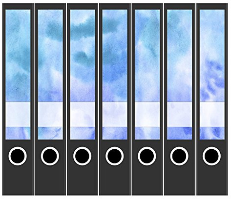 Ordneretiketten | 7 Aufkleber für schmale Akten-Ordner | Aquarell Look blau | selbstklebende Design Akten-Etiketten | Deko Sticker für Rückenschilder Ordnerrücken | zum Beschreiben