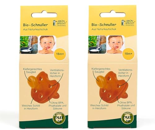 Gruenspecht Schnuller aus Naturkautschuk 18 + Monate, 2er Set, weiches Schild in Herzform, Kieferorthopädische Form