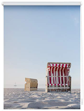 Lichtblick Klemmfix Tageslicht-Rollo mit Motiv, ohne Bohren, Blickdicht, Seitenzugrollo, Made in Germany, Strandkorb gestreift - Blau Beige 70 cm x 150 cm (B x L)