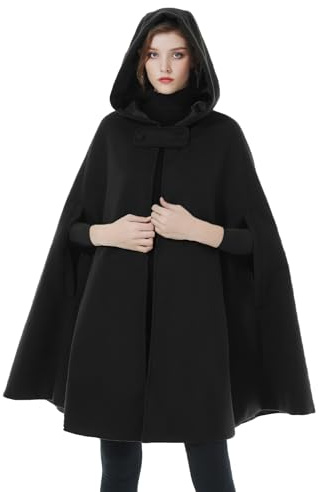 BEAUTELICATE Donna Mantello con Cappuccio Inverno Misto Lana Cappotto Medievale Robe Lungo Poncho Giacca con Giromanica per Cosplay Halloween Costume Natale Matrimonio (Nero - Mezza Lunghezza 90cm)