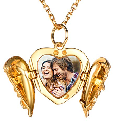 SILVERCUTE Damen Collier 925 Sterling Silber/18k vergoldet Foto Gravur Kette personalisiert Herz/Runde/Oval Medaillon Anhänger mit 1,5mm 45cm Rolokette einzigartiges Schmuck Geschenk für Mädchen