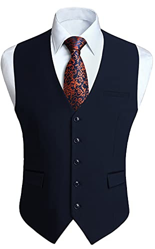 HISDERN Gilet Uomo Blu scuro Elegante Casual Gilet da Abito Cotone Formale Matrimonio Panciotto uomo Classico per Business Festa Nozze XL
