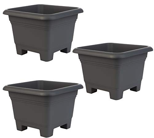 3er Set Pflanzkübel aus Kunststoff, eckig 38 x 38 x Höhe 28 cm, extra stabil, Blumenkübel Blumentopf Pflanztopf, Farbe: Anthrazit