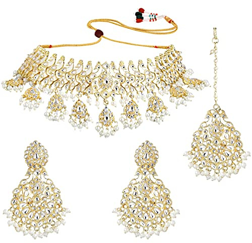 I Jewels 18 Karat vergoldetes indisches traditionelles Hochzeits-Collier aus Bollywood, Kundan und Perlen besetzt, Schmuck-Set für Damen/Mädchen (K7212), Metallperlen, Perle