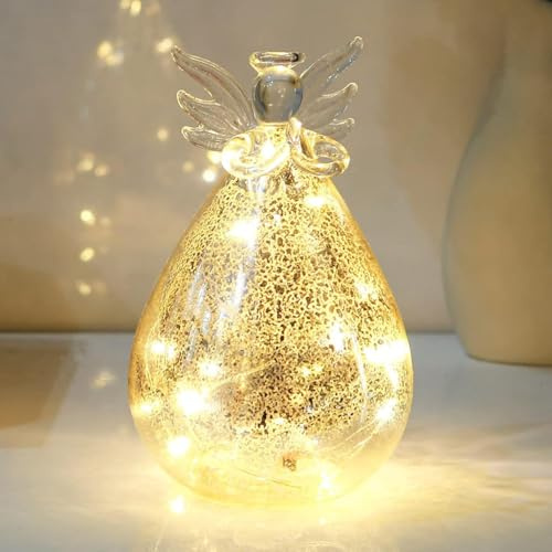 Mercury Glass Angel Lamp, Battery Operated Tabletop Angel Figure Light, Decorative Lighted Figure, Cordless Light Up Statue with Trumpet, Glow in The Dark Glass Christmas Ornament