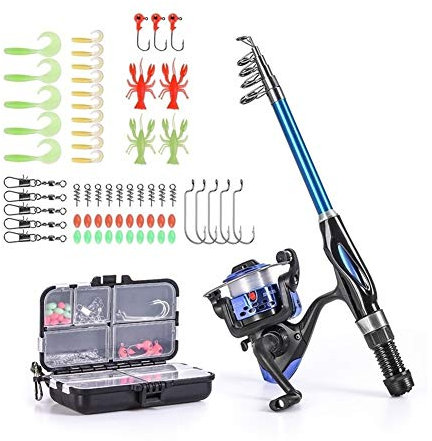 AMEEDA Allround Angelrute Angel Combo Rod Reel Full Kit 1.3m Teleskop Angelrute Spinnrolle Set mit Haken Weiche-Köder Barrel Schwenker-Speicher-Beutel Einsteiger