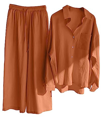 Tvådelad dräkt i ledig stil för damer, byxor och skjorta, bekväm outfit i retrostil, perfekt för vardag, plusstorlek, bomullstyg med knappar, hög midja, lös passform, fickor, byxdress, A-orange, XL
