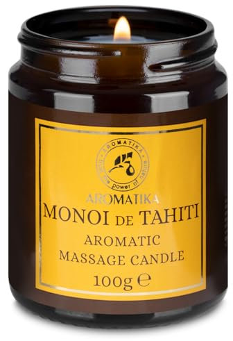 Candela da Massaggio Monoi de Tahiti 100g - Candela Alla Cera di Soia - Miscela di Oli di Cocco & Monoi di Tahiti - Oleoresina di Vaniglia - Massaggio Rilassante - Calmante -Aromaterapia