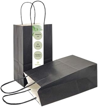 DeinPack 50 Papiertüten 18 x 8 x 24 cm aus Kraftpapier, Papiertüten mit Henkel, Geschenkverpackung, Geschenktüten, Gastgeschenke Tüten, Mitgebseltüten, Geschenktüten Set - schwarze Papier Tüten