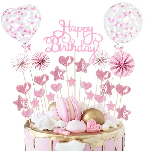 Teselife Pink Theme Birthday Cake Topper Kit - 28pcs Glitter Cupcake, Star Heart, Paper Fans, Confetti Balloons - Romantic Topper for Women & Girls Birthday Party Decorations