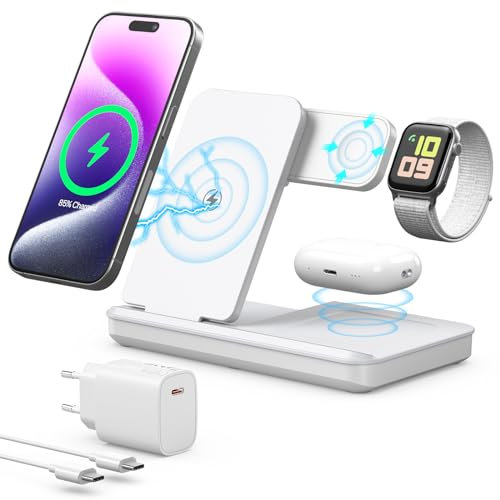 Induktive Ladestation für Apple Watch und iPhone, Kabelloses Ladegerät 3 in 1 Wireless Charger Kompatibel mit iPhone 16 15 14 13 12 MagSafe Gerät, Apple Watch Serie, AirP0ds Pro 3 2 (Weiß)