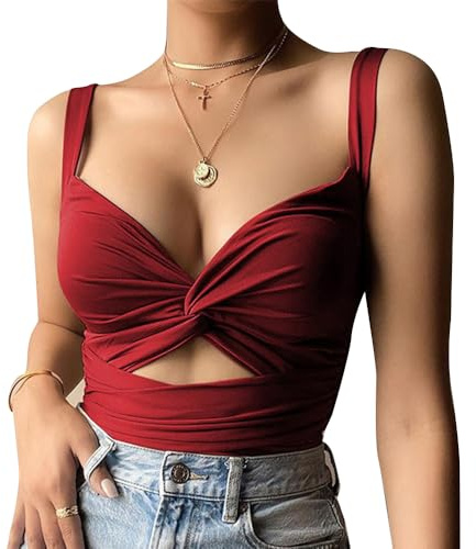 XIWCAFC Canotta Donna Estiva Crop Top Sexy Senza Maniche con Scollo V Canottiera Corto Sportiva Aderente Tank Top Casual Elegante Maglietta Tinta Unita Shirt（Rosso S）