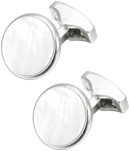 Jonwo Silver / 14K Gold Plated Natural Mother of Pearl Cufflinks for Men Women Classic Round Men's Cufflinks Jewelry for Wedding Party Anniversary Business Events Tuxedo Dress (Silver Cufflinks)
