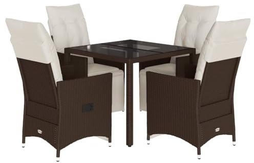 vidaXL Garten Bistroset 5-TLG., Balkonset mit Kissen, Gartenmöbel Tisch 4 Verstellbare Stühle, Balkonmöbel Sitzgruppe Gartengarnitur, Braun Poly Rattan