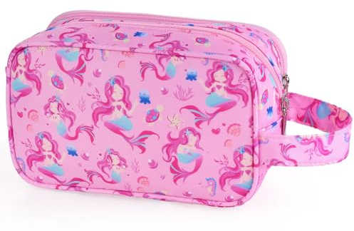 Foxstory Mermaid Kids Toiletry Bag for Girls, Travel Toiletry Bag for Little Young Girls Cosmetic Bag Makeup Bag Waterproof Hanging Wash Bag Toddler Toiletries, Pink
