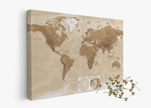 framed concept | Weltkarte mit Pinnnadeln | Handgefertigte Wanddekoration mit 50 goldenen Pins | Einzigartige Geschenkidee