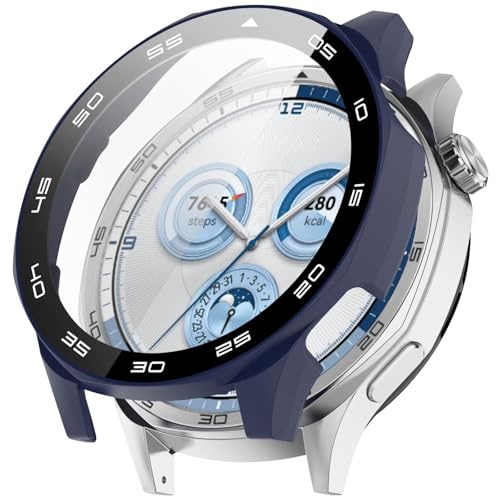 FTRONGRT Fodral kompatibelt med Huawei Watch GT 5 46 mm, PC + skärm härdad film, med skala, repfri allomfattande klockfodral kompatibelt med Huawei Watch GT 5 46 mm. Midnattsblå