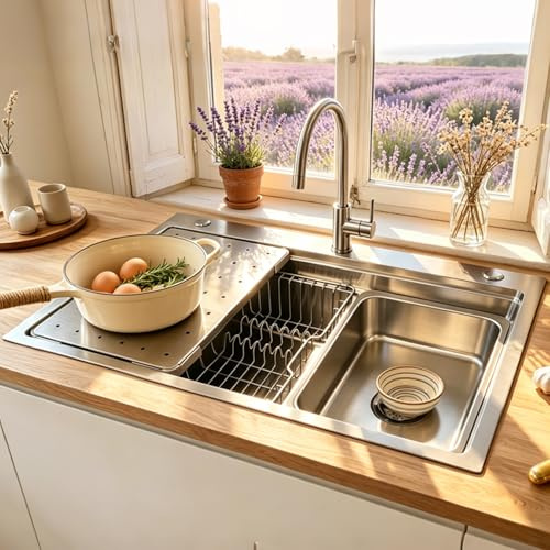 KOOGIMDDR Fregadero de cocina negro de 60 x 50 cm, de acero inoxidable 304SUS, 1 fregadero empotrable, con escurridor, desagüe y kit de rebosadero para la base y el accesorio