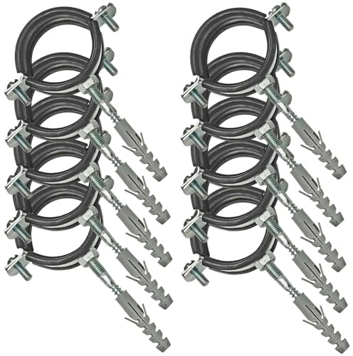 MegaHaustechnik 2-Schrauben-Rohrschellen aus Stahl verzinkt, Set 10 Stück mit Stockschrauben und Dübel, Spannbereich 38 bis 43mm Rohr-Außendurchmesser 1 1/4 Zoll mit Schallschutz mit M8 Gewinde-Mutter