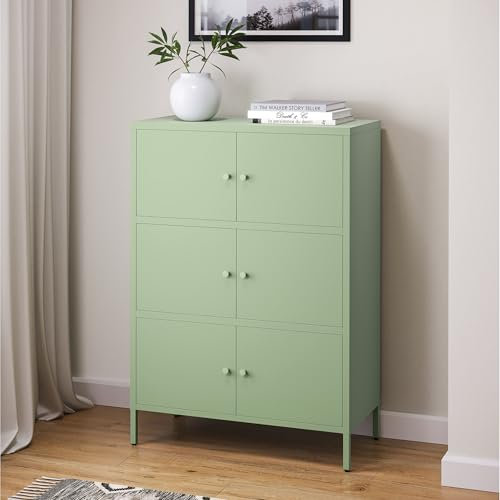 skølm Atriona Metall Kommode – Sideboard mit 3 Fächern & 6 Türen – Metallschrank in Mintgrün – Mehrzweckschrank – Highboard 80 cm breit – höhenverstellbare Füße – Aufbewahrungsschrank – Flurschrank