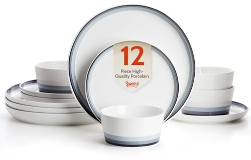 Sweese 12 Piece Dinnerware Sets for 4 - Porcelain Plates and Bowls Set - Scratch Resistant, Dishwasher and Oven Safe Round Dinner Sets - Dish Sets -White and Blue Gradient