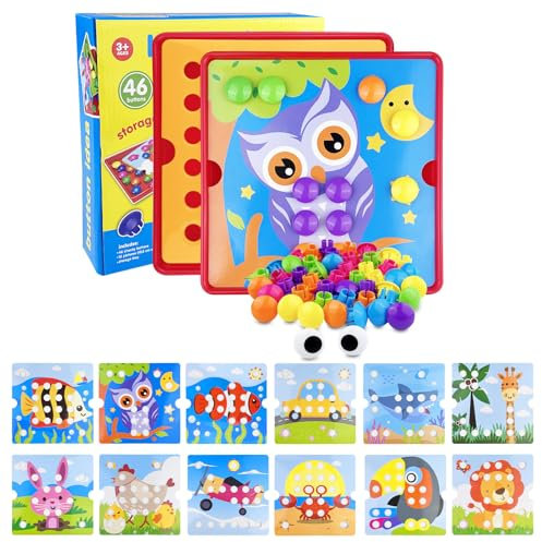 Legpador Mosaik Steckspiel ab 2 Jahre, Montessori Toys Kinder, Steckspiele Lernspiele Spielzeug, Steckspielzeug Set, Farbe Pegboard Gabelungen, mit 12 Bildvorlagen