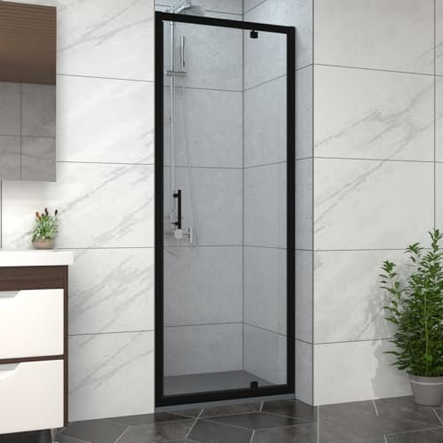 NRG 700mm Black Framed Bathroom Shower Enclosures Pivot Door with 1100x700mm SMC Rectangle Shower Tray Anthracite
