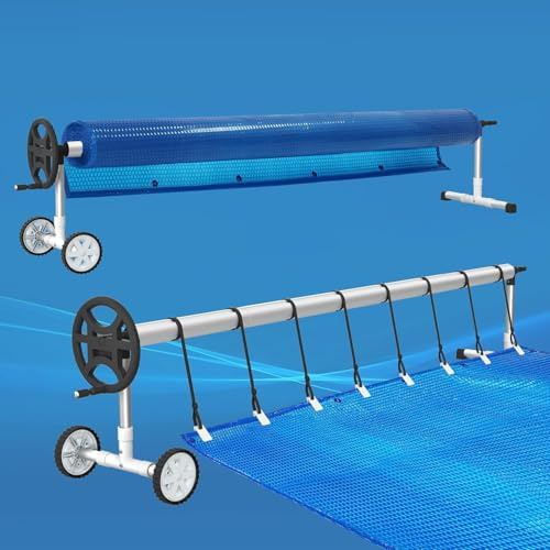 UISEBRT Enrouleur mobile de film de piscine de 3 m à 5,70 m pour bâche de piscine, dispositif d'enroulement de film de piscine avec bandes de fixation et roues, système d'enroulement pour bâches