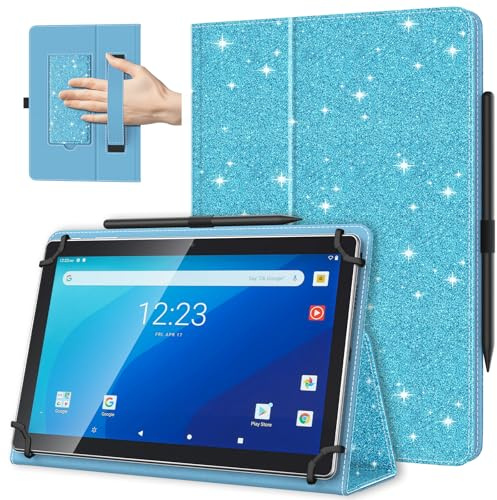 TiMOVO Universal Case for 10.1 Inch Android Tablet, Glitter Sky Blue | Pen Loop, Two Folding Stand Cover, Hand Strap, For All 9.6-11 Touchscreen Tablet