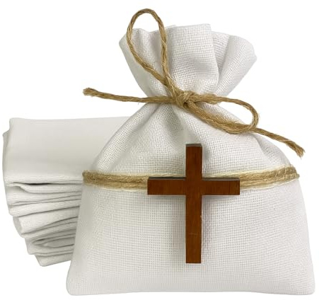 CREATI’L 25 Sachets Communion Baptême Garçon Fille – Pochon Lin Blanc avec Croix en Bois – Cadeau Invité Religieux, Bonbonnière Cérémonie, Lot de Sachets à Remplir