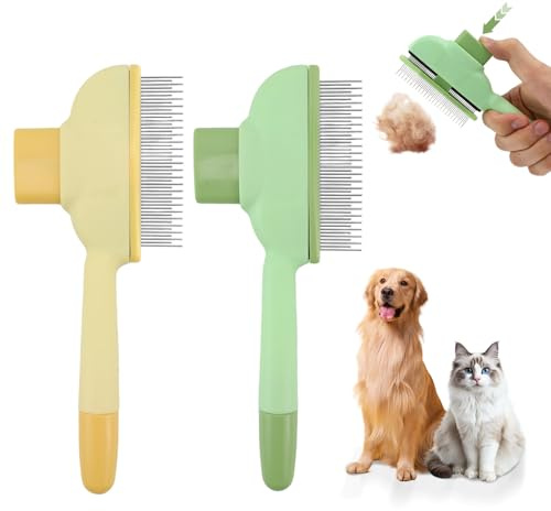 QGGTQG Selbstreinigender Flohkamm 2 Stück Flohkamm für Katzen Flohkamm Hunde Mit Auslöseknopf Fellpflegebürste Selbstreinigende Haustierbürste für Entfernen von Haaren und Knoten (Grün + Gelb)