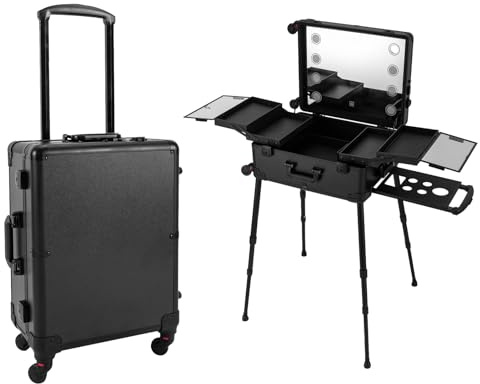 ACROSSPART Maletín de maquillaje profesional con ruedas, multifuncional, maletín de maquillaje con espejo y luz LED, maletín de peluquería con cardán y patas ajustables, azul, 45*27*138cm, moderno