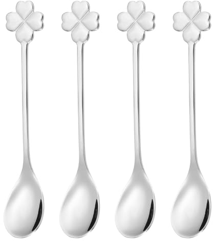 PATIKIL 4pcs Coffee Spoons, Four Leaf Grass Tea Spoons 304 Stainless Steel Teaspoons Small Cute for Stirring Espresso Coffee Bar Tableware Dessert Flatware Tea Party, Silver