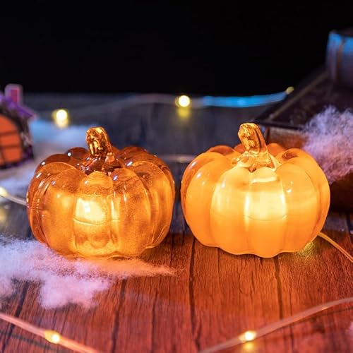 SKIKHN Decoración otoñal de calabaza decorativa con luz LED, 2 unidades de farolillos decorativos de calabaza, decoración de otoño, decoración de calabaza para otoño, decoración de mesa, Halloween
