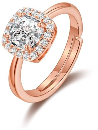 Philip Jones Rose Gold Plated Square Halo Adjustable Ring Created with Zircondia® Crystals