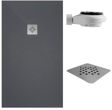 SOULBATH Plato de Ducha - Resina - Gel Coat - Textura Liso/Piedra - Antideslizante - Color Pizarra - 140X70- Extraplano 3cm. Incluye Válvula de desagüe - Standard