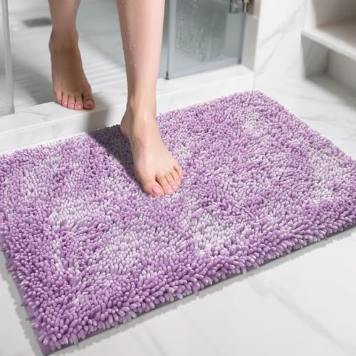 Yimobra Luxury Chenille Bath Mat, Extra Soft and Absorbent Shaggy Bathroom mats Non Slip, Machine Washble Dry, Plush Floor Carpet for Tub, Shower, and Bath Room, Lilac, 51 x 81 cm
