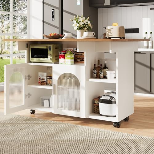 NADEUSAK Isola della cucina moderna, mobile da cucina, carrello da portata rimovibile con venature del legno, tavolo da pranzo multifunzionale con spazio di archiviazione, bianco