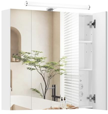 EUGAD Spiegelschrank, Badspiegelschrank mit LED-Beleuchtung, Hängeschrank mit Steckdosen, Spiegelschrank mit 3 Spiegeltüren, 70 x 70 x 16 cm, Weiß