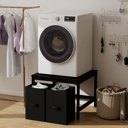 Laundry Pedestal with 2 Laundry Baskets, 29 Universal Washing Machine Stand, Dryer Stand with Anti-slip Pads, Heavy Duty Metal Base with 880lbs Capacity, Fit Anti-Vibration Design
