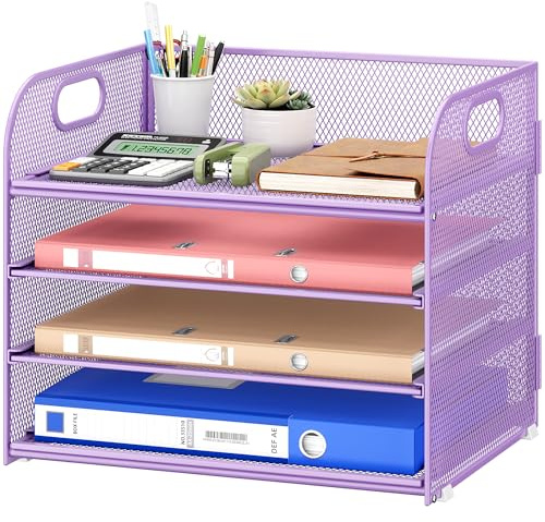VITVITI Organiseur de bureau à 4 niveaux - Porte-documents empilable avec poignée - Fournitures de bureau pour documents A4, papier, livre, magazine - Violet