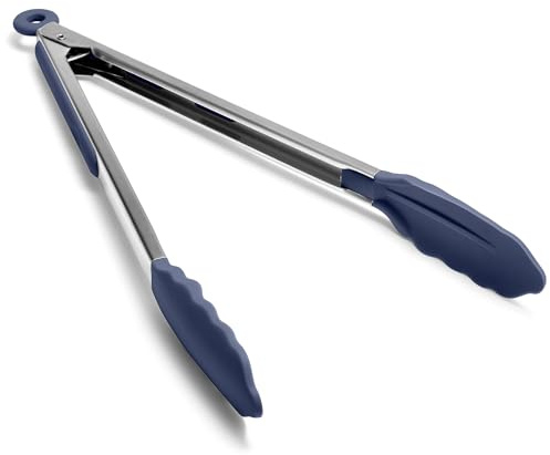 Doosu Pinza cocina silicona, resistente al calor hasta 315℃, 30cm, marino | Pinzas punta goma para freidora aire, no rayan, con bloqueo, agarre antideslizante, barbacoa, filetes, fritura y camping