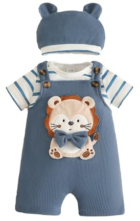 eqenkely Vestiti Set per Neonati Bimbo Maglie T-shirt a Righe a Maniche Corte + Pantaloni Corto con Bretelle + Cappello 3 Pezzi Set di Abiti Estiva 0-18 Mesi