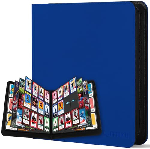 WITHYU Album de Collection de 12 Pochettes pour Cartes, Capacité de 720 Cartes, Étanche, avec Fermeture Éclair, pour TCG, Football et Cartes à Collectionner, Portable (Bleu Foncé)