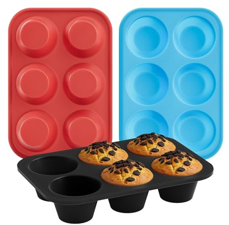 Stampi grandi per muffin in silicone con 6 fessure e telaio in metallo, 3 colori | Teglie grandi per muffin, antiaderenti, per Yorkshire Pudding, per cupcake e muffin