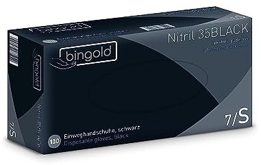 BINGOLD Einmalhandschuhe 35BLACK aus Nitril, schwarz, Größe S, 100 Stück | Puderfreie Einweghandschuhe aus Nitril für Hygiene, Pflege und Labor, schwarz, Größe S, 100 Stück