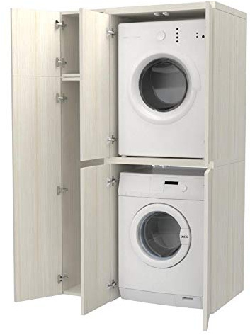 VE.CA.s.r.l. Armario Alto + Compartimento para Accesorios con Puertas para Lavadora/Secadora de Madera, Personalizado, lavadero, Cuarto de baño (Blanco alerce)