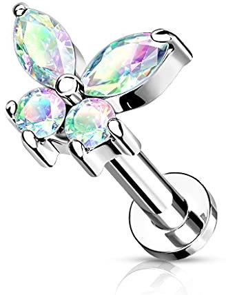 beyoutifulthings 1 Knorpel Ohr-Stecker Zirkonia Schmetterling 6 mm Länge Silber Regenbogen Cartilage Labret Piercing-s Edelstahl Schraub-Verschluss