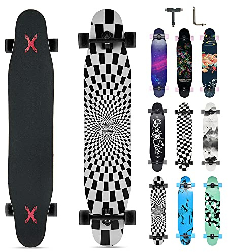 Opurtdor Longboard 118CM Profi Skateboard Komplettes Cruiser Trick 8 Etagen Ahornholz Wood Schwarzes Longboard für Anfänger Erwachsene Teens (Magie Kariert)