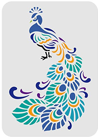 FINGERINSPIRE Stencil Pavone Formato A4 Rettangolo Riutilizzabile per Pittura e Decorazione Domestica Fai Da Te (Plastica)